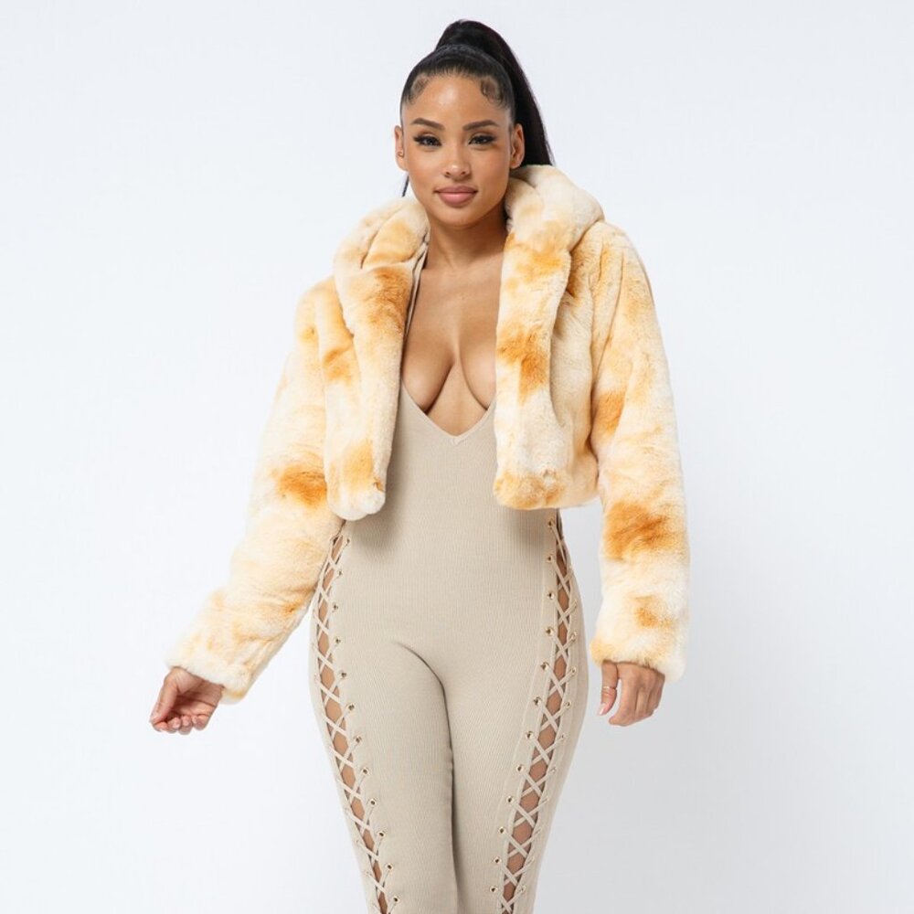 NWT CAMEL BROWN TIE DYE SOFT FAUX FUR HOODED OPEN CROP JACKET